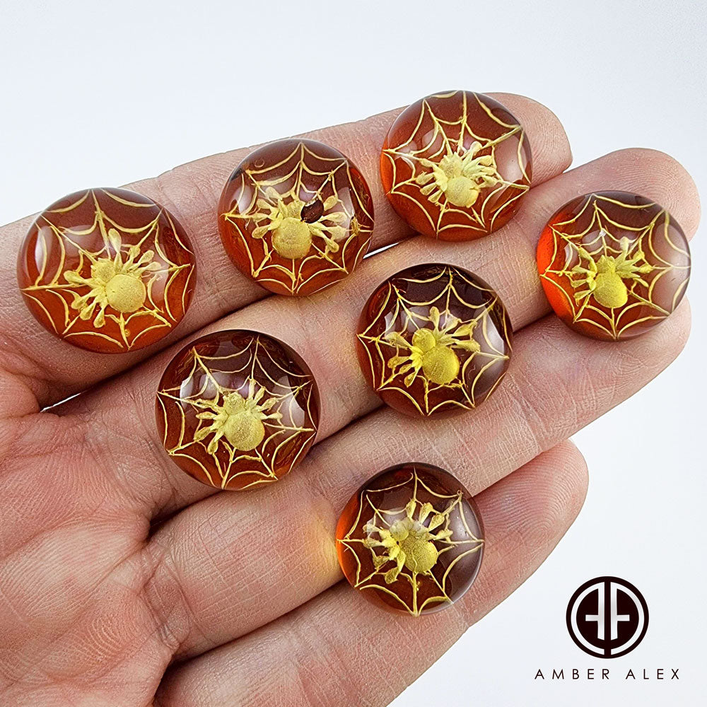 Cognac Amber Engraved Spider With Spiderweb Round Shape Cabochon