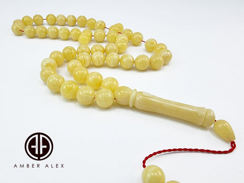 Yellow With White Amber Round Shape 9.5 mm Islamic Prayer Beads