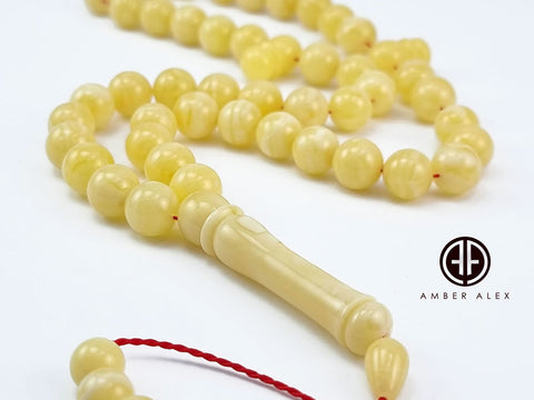 Yellow With White Amber Round Shape 9.5 mm Islamic Prayer Beads