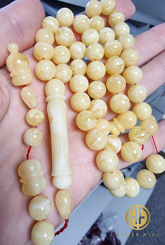 Yellow With White Amber Round Shape 9.5 mm Islamic Prayer Beads