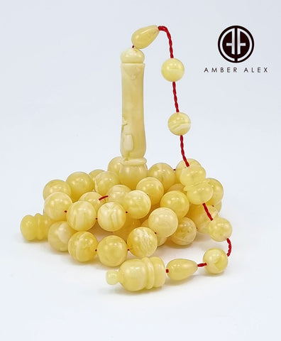 Yellow With White Amber Round Shape 9.5 mm Islamic Prayer Beads