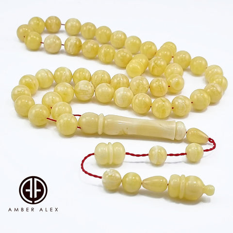 Yellow With White Amber Round Shape 9.5 mm Islamic Prayer Beads