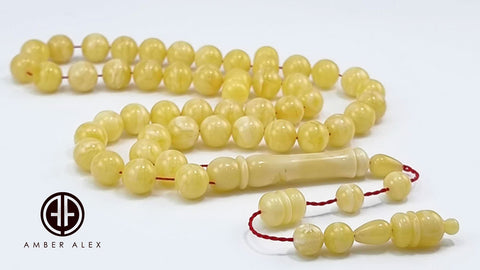 Yellow With White Amber Round Shape 9.5 mm Islamic Prayer Beads