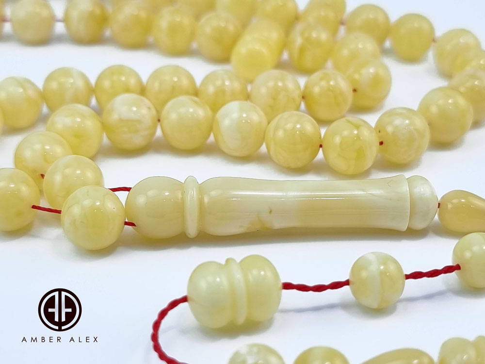 Yellow With White Amber Round Shape 9.5 mm Islamic Prayer Beads