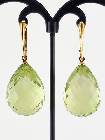 Faceted Green Amber Drop Dangle Earrings 14k Gold Plated