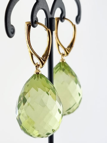 Faceted Green Amber Drop Dangle Earrings 14k Gold Plated