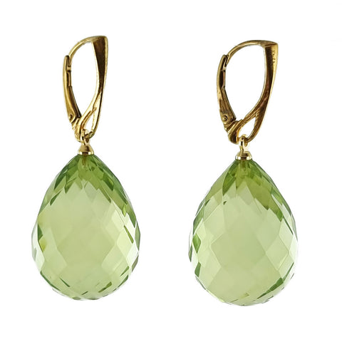 Faceted Green Amber Drop Dangle Earrings 14k Gold Plated