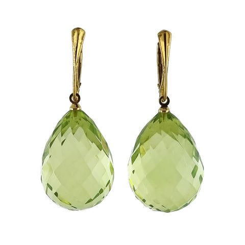 Faceted Green Amber Drop Dangle Earrings 14k Gold Plated