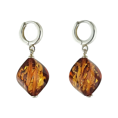 Cognac Amber Twisted Olive Dangle Earrings Sterling Silver