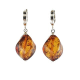 Cognac Amber Twisted Olive Dangle Earrings Sterling Silver