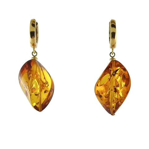 Cognac Amber Twisted Olive Dangle Earrings 14k Gold Plated