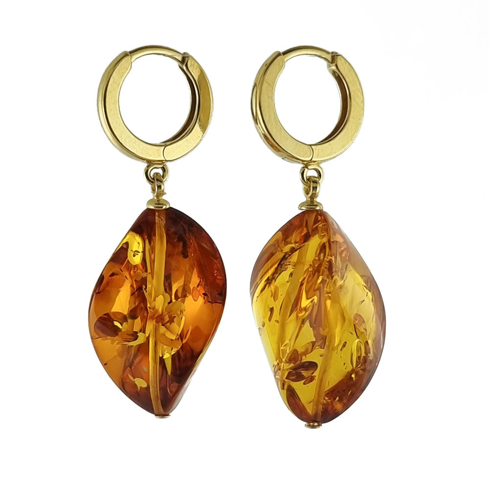 Cognac Amber Twisted Olive Dangle Earrings 14k Gold Plated