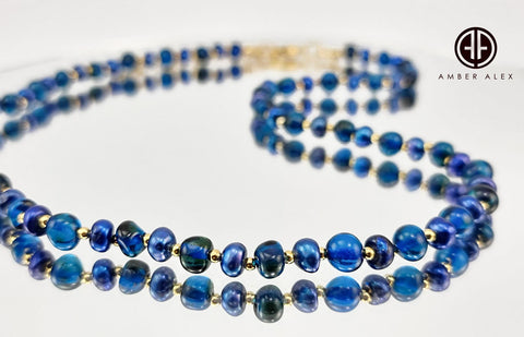 Blue Amber & Pearls Baroque Beads Necklace 14k Gold Plated