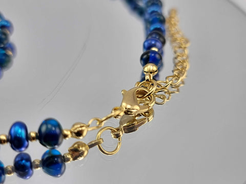 Blue Amber & Pearls Baroque Beads Necklace 14k Gold Plated