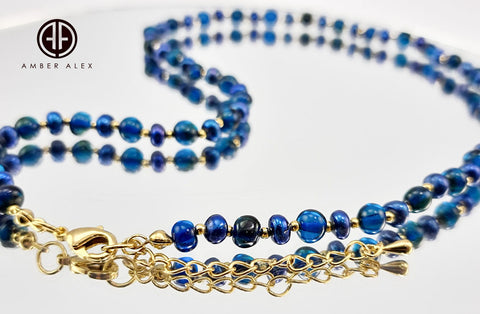 Blue Amber & Pearls Baroque Beads Necklace 14k Gold Plated