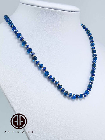 Blue Amber & Pearls Baroque Beads Necklace 14k Gold Plated