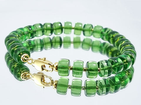 Green Amber Tablets Beads Bracelet 14k Gold Plated