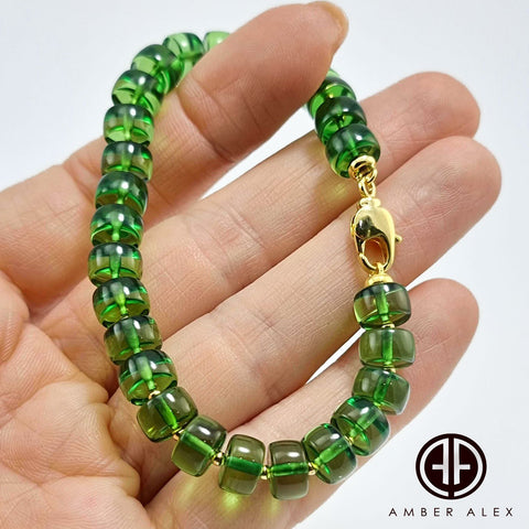 Green Amber Tablets Beads Bracelet 14k Gold Plated