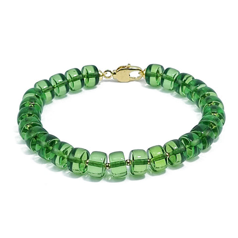 Green Amber Tablets Beads Bracelet 14k Gold Plated