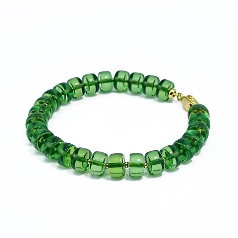 Green Amber Tablets Beads Bracelet 14k Gold Plated