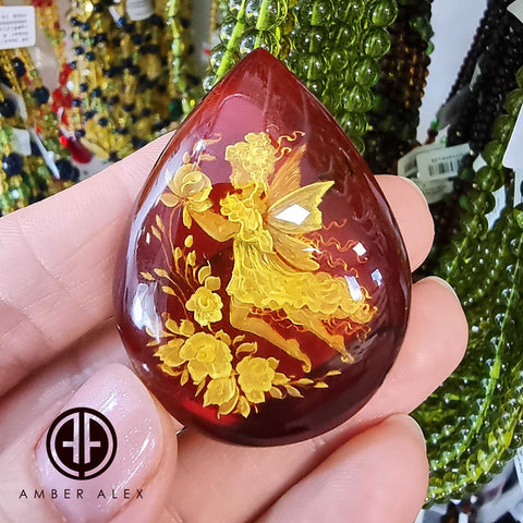 Cherry Amber Engraved Fairy Drop Shape Cabochon