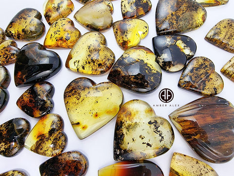 Fossil Amber Heart Shape Cabochons