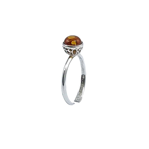 Cognac Amber Round Adjustable Ring Sterling Silver