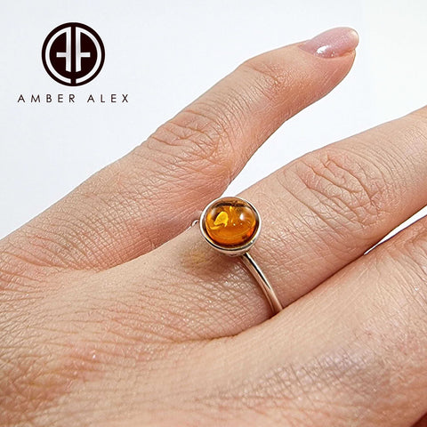 Cognac Amber Round Adjustable Ring Sterling Silver