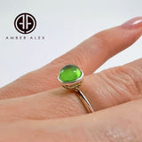 Green Amber Round Adjustable Ring Sterling Silver