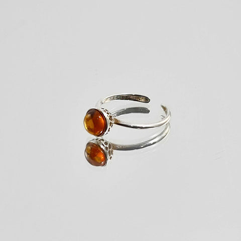 Cognac Amber Round Adjustable Ring Sterling Silver