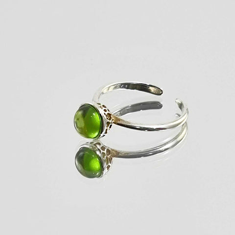 Green Amber Round Adjustable Ring Sterling Silver