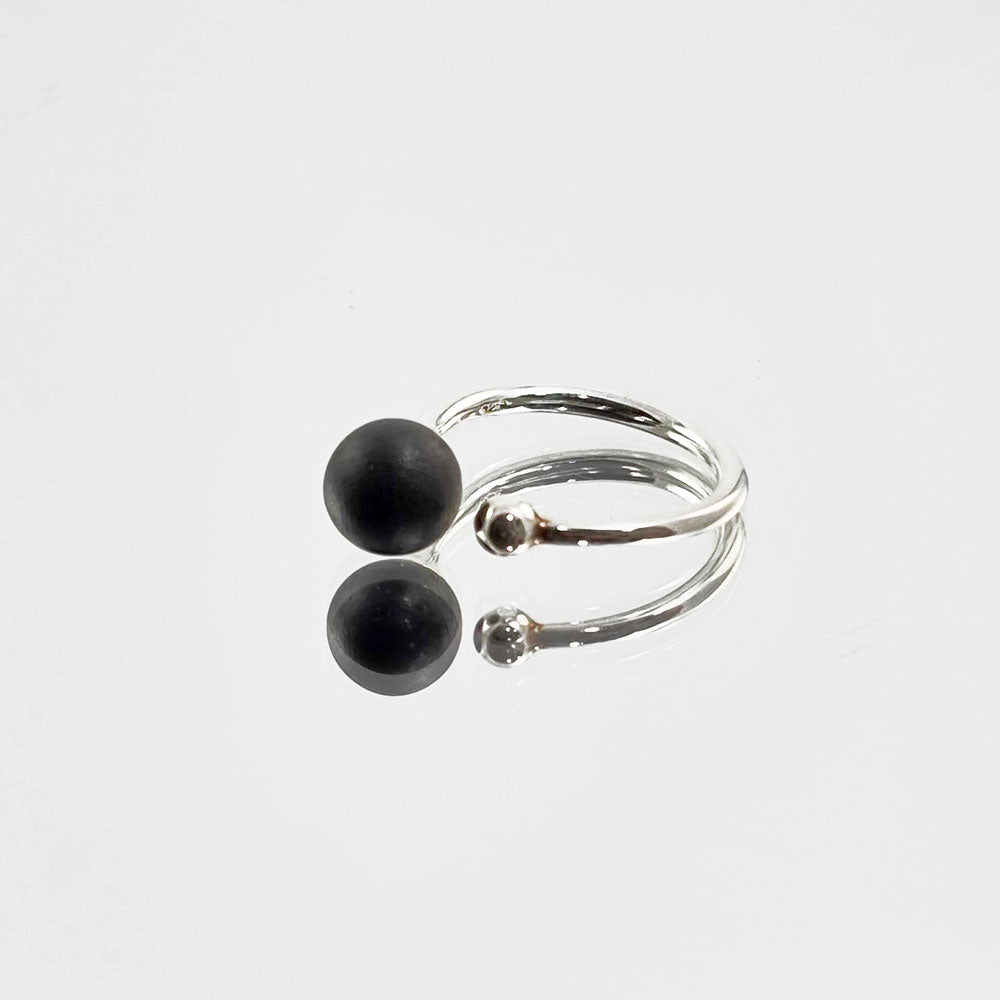 Black Amber Round Bead Adjustable Ring Sterling Silver