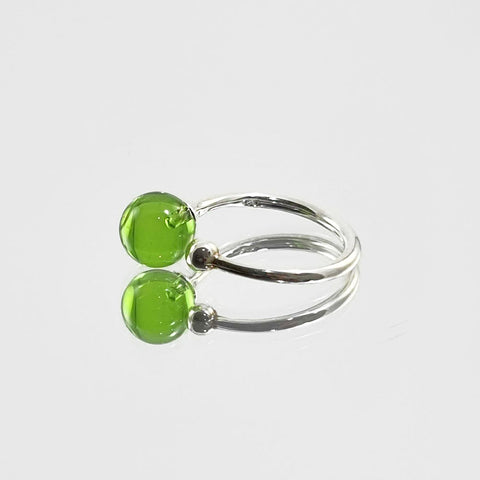 Green Amber Round Bead Adjustable Ring Sterling Silver