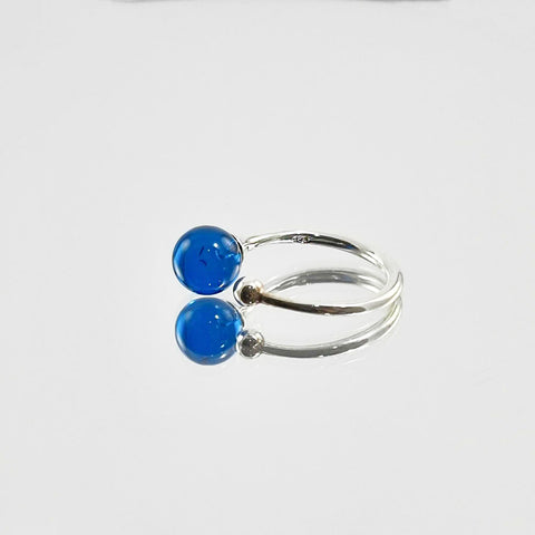 Blue Amber Round Bead Adjustable Ring Sterling Silver