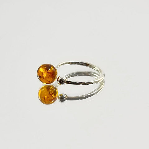 Cognac Amber Round Bead Adjustable Ring Sterling Silver