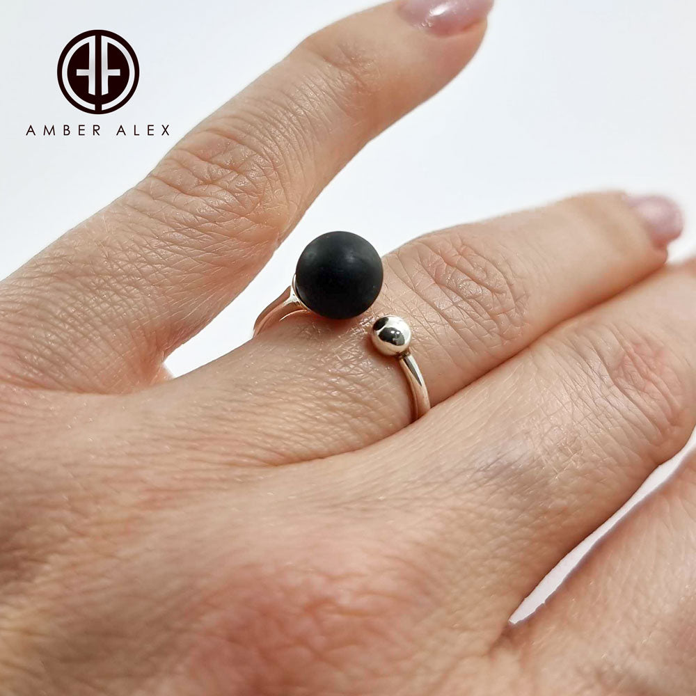 Black Amber Round Bead Adjustable Ring Sterling Silver
