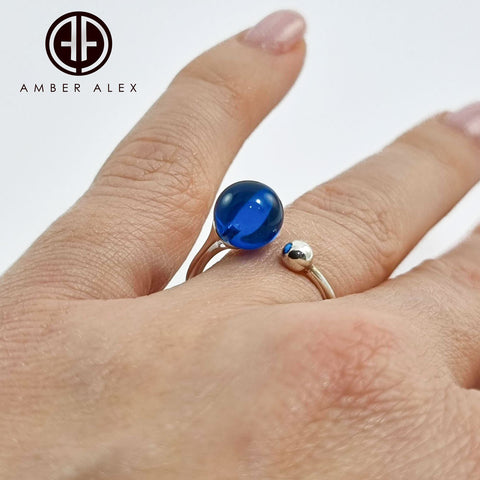 Blue Amber Round Bead Adjustable Ring Sterling Silver