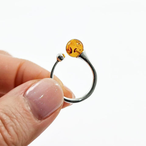 Cognac Amber Round Bead Adjustable Ring Sterling Silver