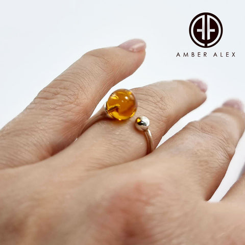 Cognac Amber Round Bead Adjustable Ring Sterling Silver