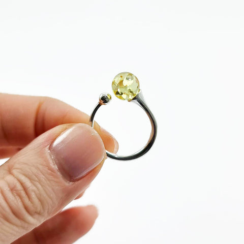 Lemon Amber Round Bead Adjustable Ring Sterling Silver