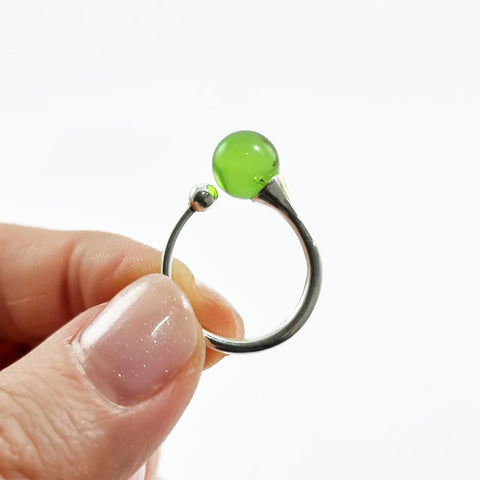 Green Amber Round Bead Adjustable Ring Sterling Silver