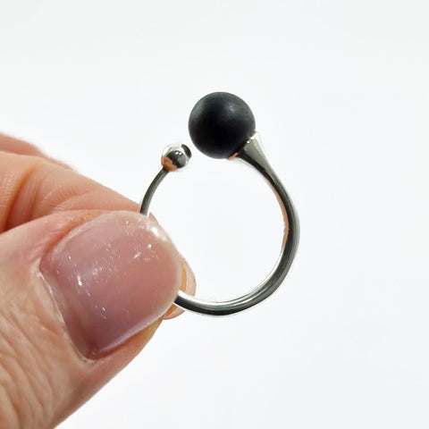 Black Amber Round Bead Adjustable Ring Sterling Silver