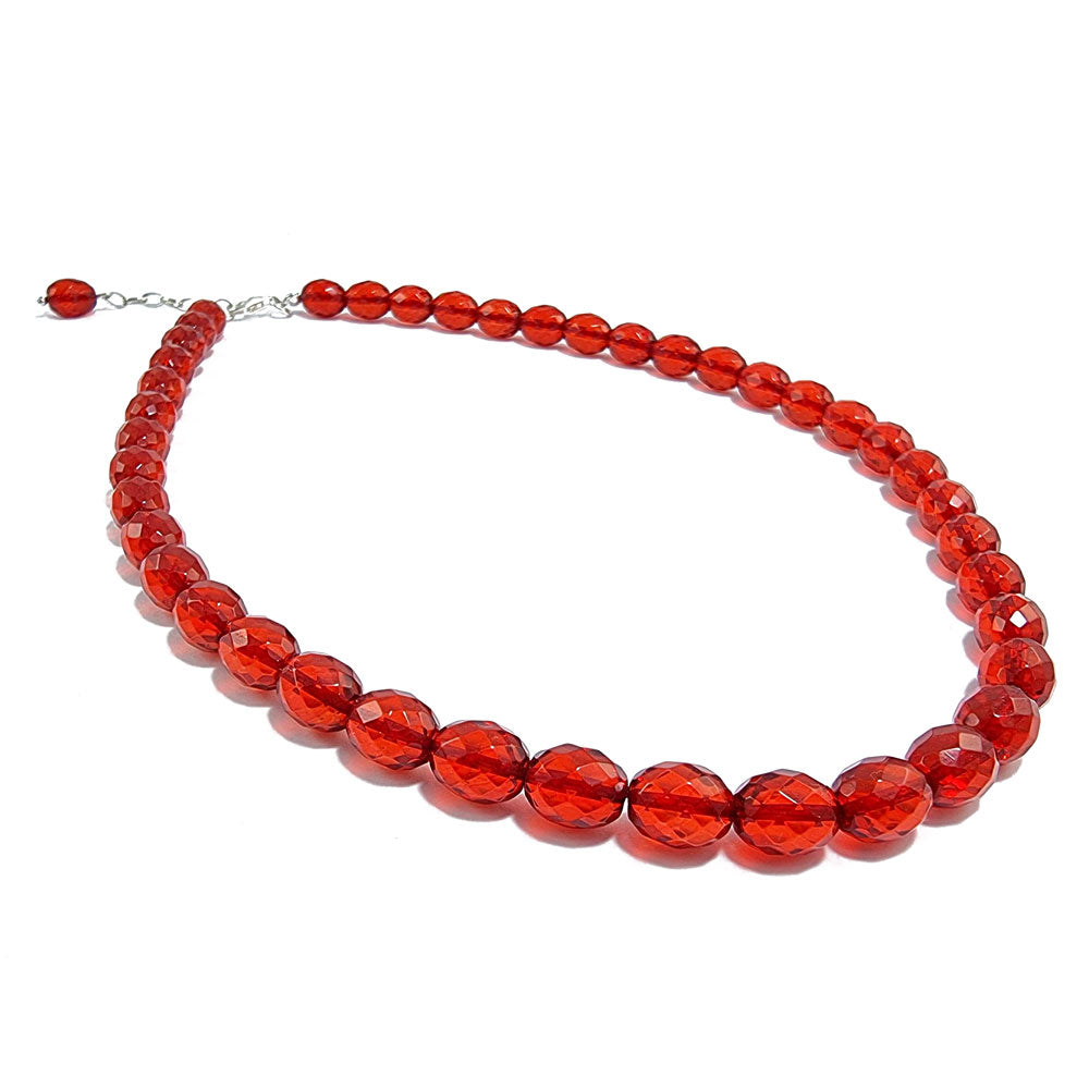 Red Amber Faceted Olive Beads Necklace Sterling Silver