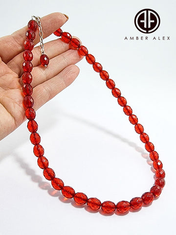 Red Amber Faceted Olive Beads Necklace Sterling Silver