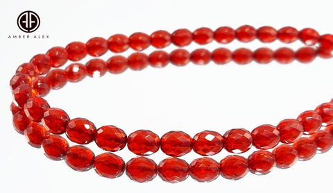 Red Amber Faceted Olive Beads Necklace Sterling Silver