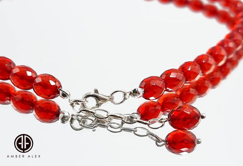 Red Amber Faceted Olive Beads Necklace Sterling Silver