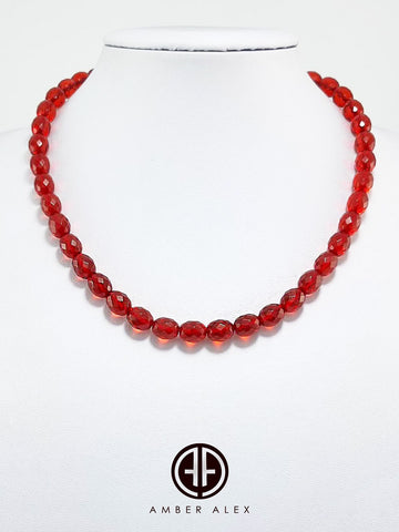 Red Amber Faceted Olive Beads Necklace Sterling Silver