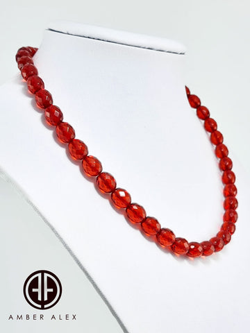 Red Amber Faceted Olive Beads Necklace Sterling Silver