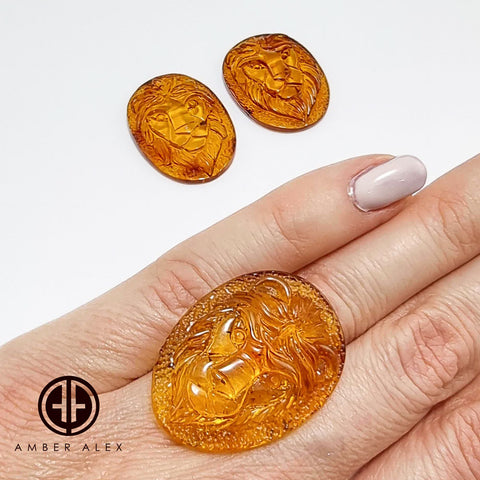 Cognac Amber Carved Lion Cabochon