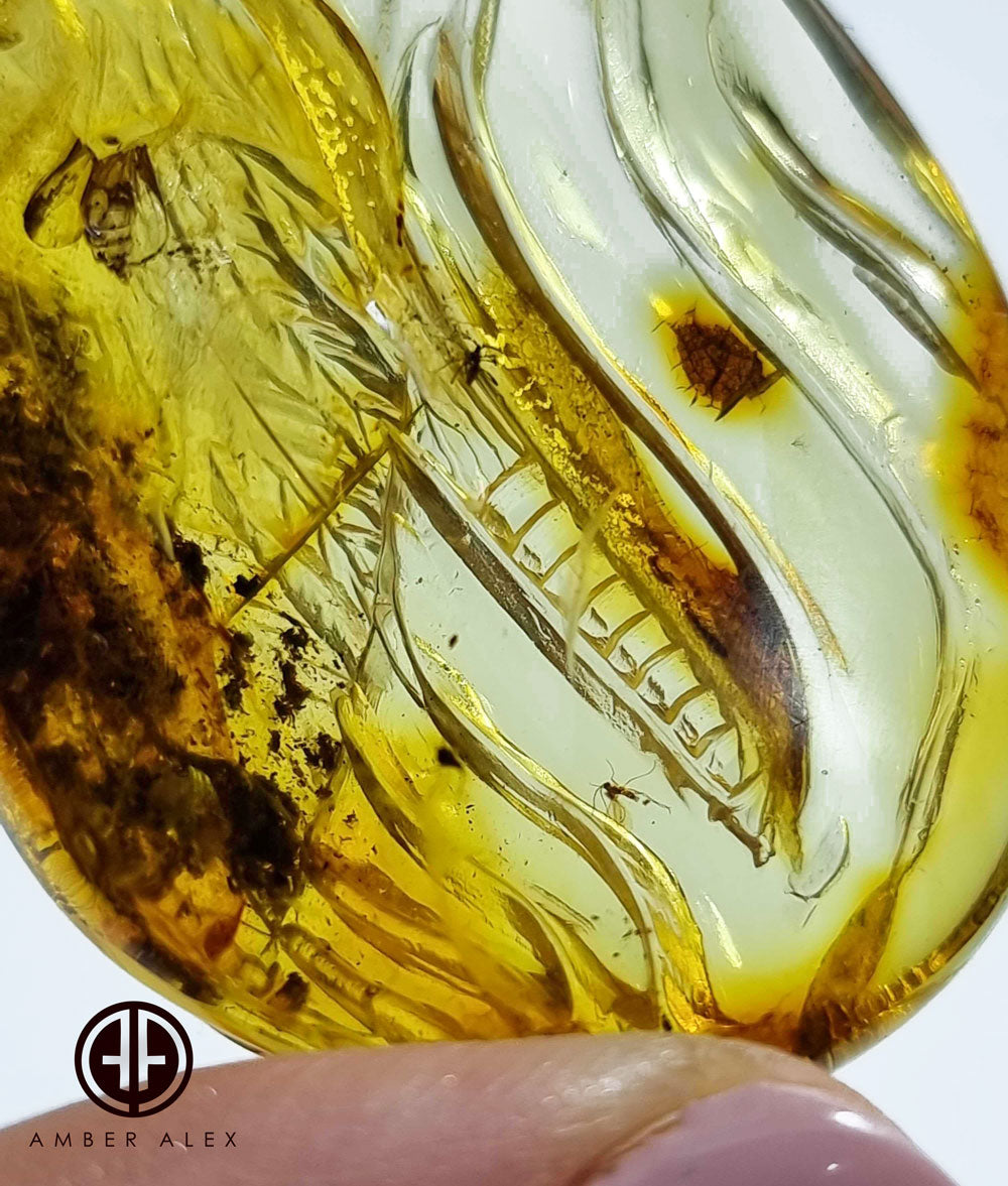 Natural Amber Carved Crane Cabochon With Insects